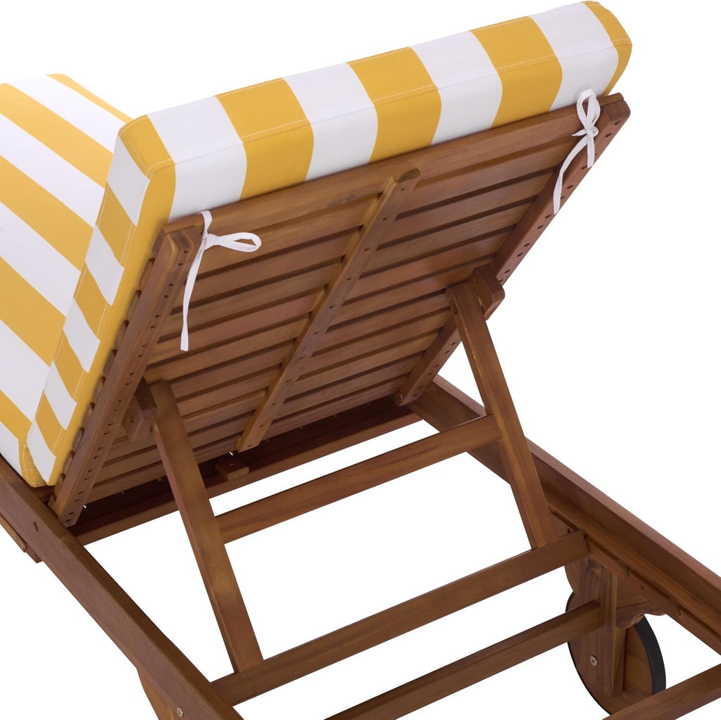 Outdoor Patio Furniture Collection - Newport Natural Solid Wood Chaise Lounge Chair with Yellow Stripe Cushion