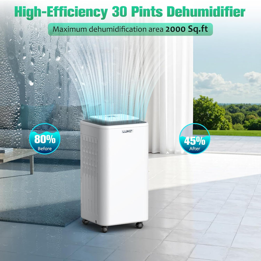2000 Sq. Ft Dehumidifiers for Large Room and Basements, 30 Pints Dehumidifier with Drain Hose, Auto or Manual Drainage