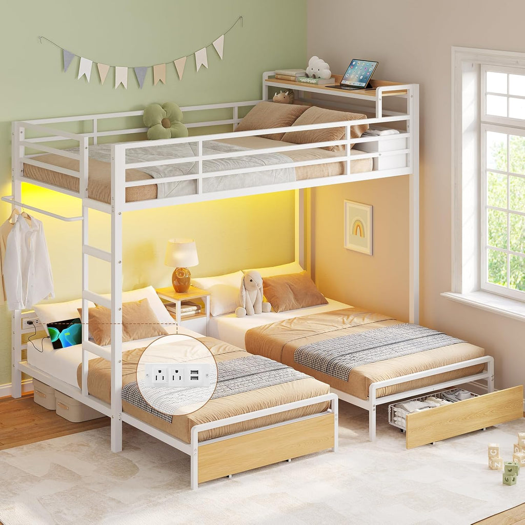 Triple Bunk Bed for Kids with Storage Drawers and Charging Station Twin Over Twin Metal 3 Bunk Bed with Storage