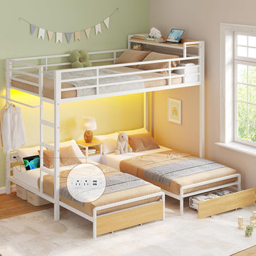 Triple Bunk Bed for Kids with Storage Drawers and Charging Station Twin Over Twin Metal 3 Bunk Bed with Storage