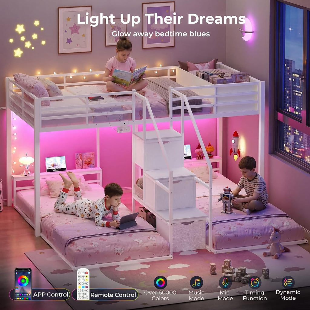 Triple Bunk Bed Twin Over Twin with Storage Staircase, RGB Lights & Power Outlets