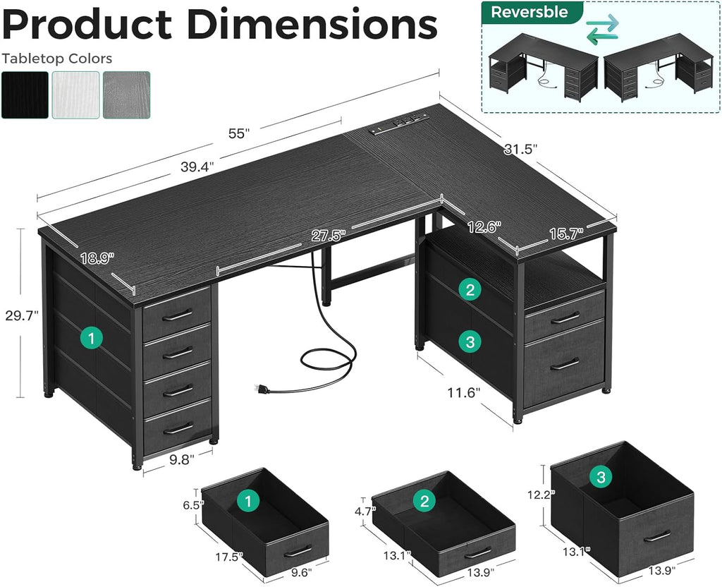 L Shaped Computer Desk with 6 Drawers & Power Outlet, 55 Inch Corner Desk with Reversible Storage Shelf & File Drawer