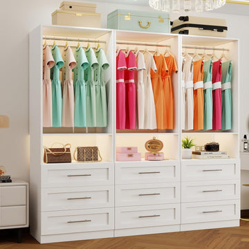 Closet System with 9 Drawers, 6-15FT Closet Systems for Walk in Closets with 6 Expandable Rods & 3 Shelves, Wood