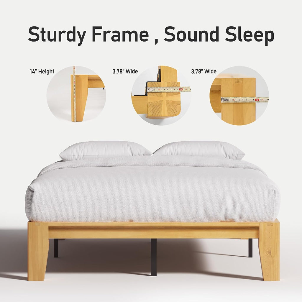 Wood Queen Platform Bed Frame, Premium Solid Wood, Sturdy Structure, 3.78" Thickened & 14" Height Legs, Easily