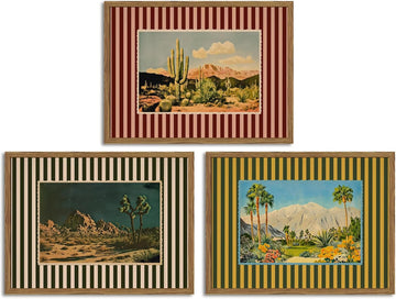 Framed Vintage Western Landscape Wall Art Set of 3, Striped Postcards Southwest Desert Cactus Pictures Wall Decor