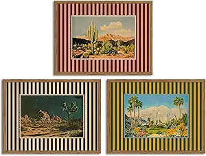 Framed Vintage Western Landscape Wall Art Set of 3, Striped Postcards Southwest Desert Cactus Pictures Wall Decor