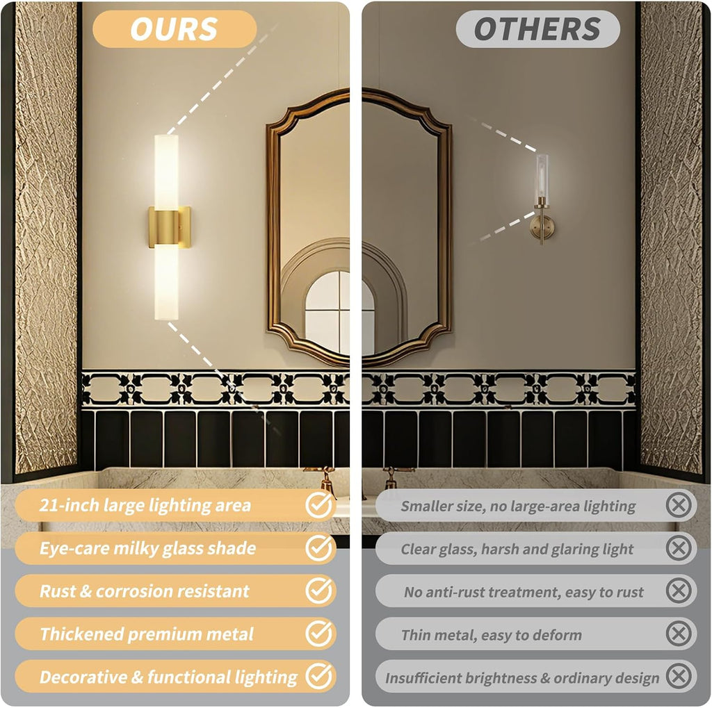 Wall Sconces Set of Two, Modern 21" Vanity, Frosted Glass, Gold | Indoor Wall Light Fixture. , Mirror, Bedroom