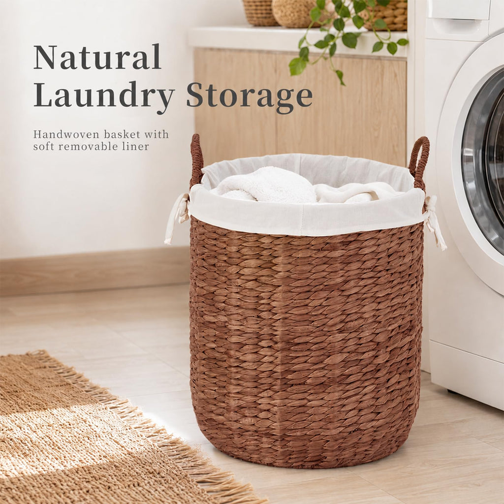 Round Woven Laundry Basket with Removable Liner, Handwoven Water Hyacinth Clothes Hamper Basket with Handles