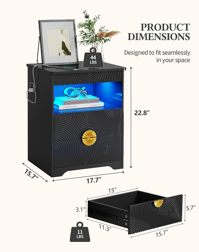 LED Nightstand with Gun Drawer, Modern Bedside Table with 3-Color Lights & Human Sensor, Smart Night Stand with