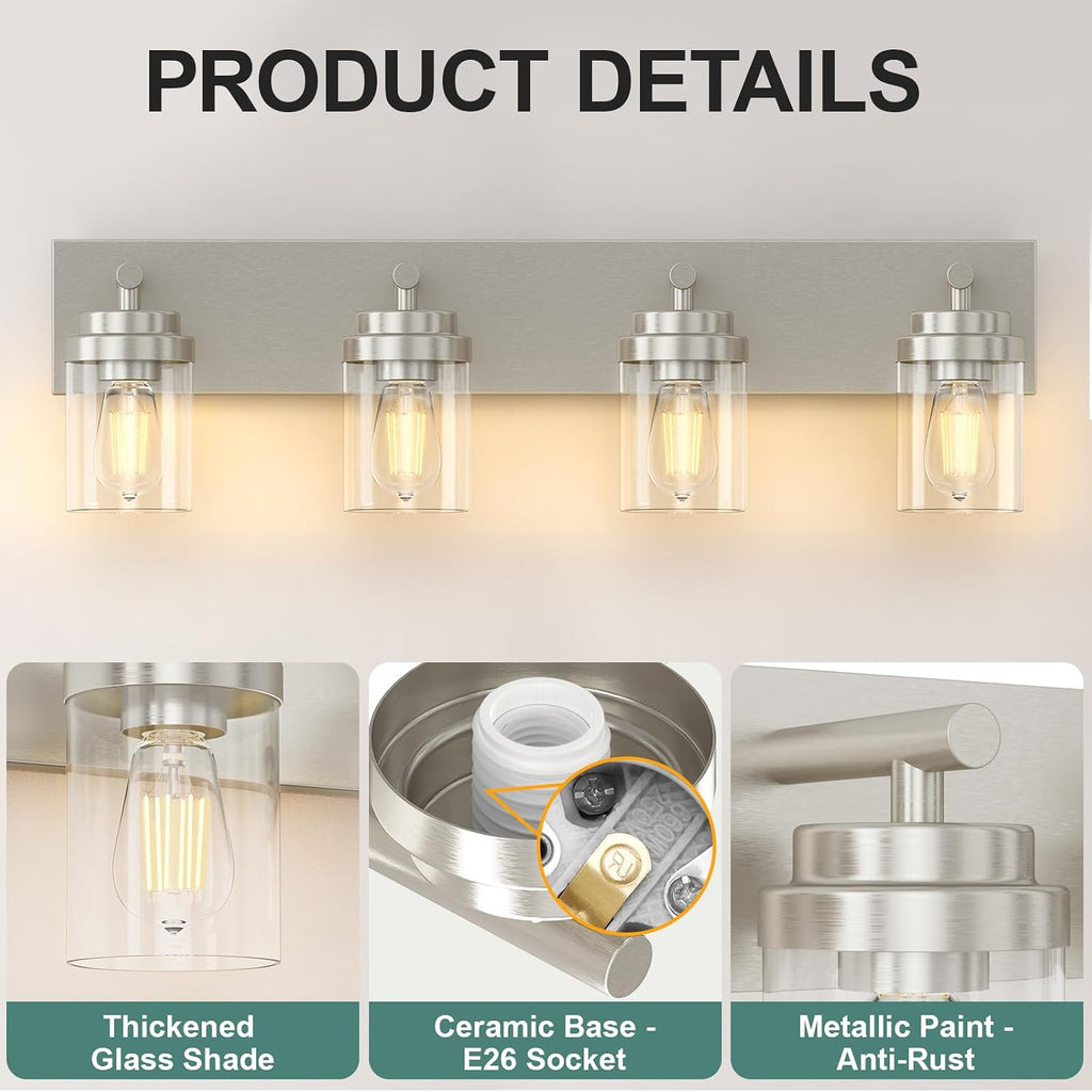 Bathroom Vanity Light Fixture, 4-Light 30 Inch Brushed Nickel Bathroom Light Fixtures Over Mirror, with Clear Glass