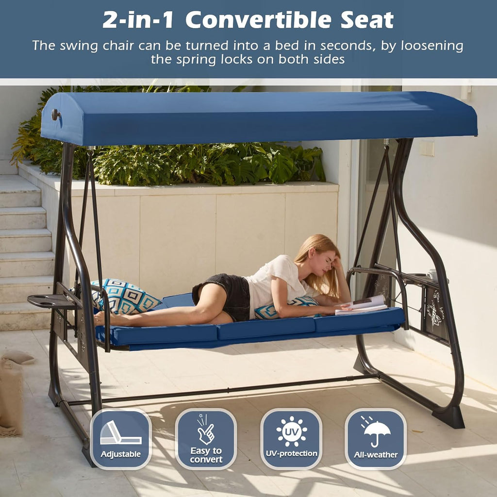 3-Seat Patio Porch Swing 800LBS Outdoor Swing with Stand w/Canopy & Adjustable Backrest Patio Glider Chair