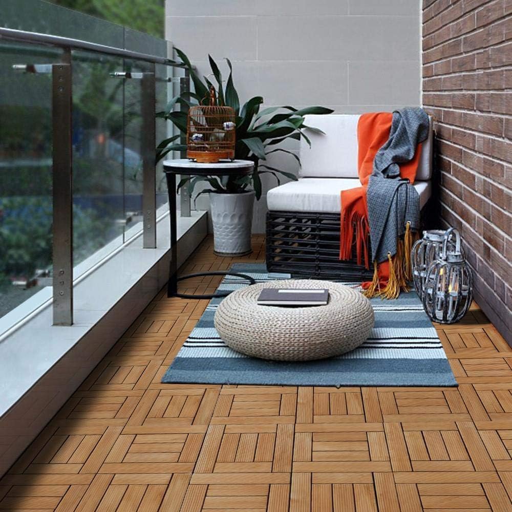 27PCS Patio Deck Tiles Interlocking Wood Decking Floor Tiles 12 x 12in Natural Wood for Outdoor & Indoor Patio Garden