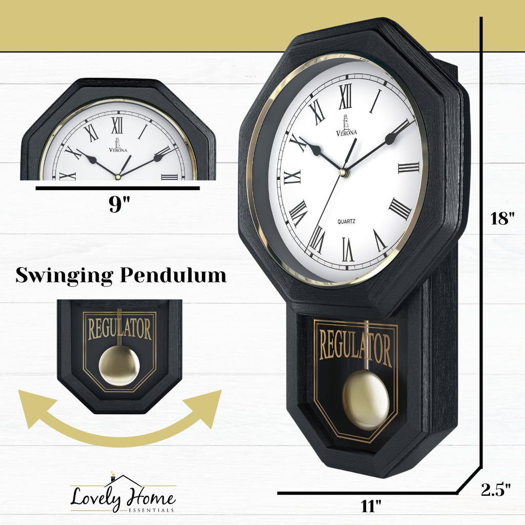Pendulum Wall Clock, Real Wood Regulator Clock, Black, Quiet Non-Chiming