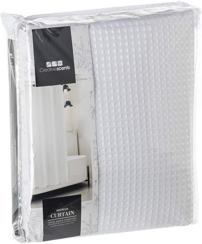 Waffle Fabric White Shower Curtain with Liner Set - Includes Free Clear Liner, Decorative Shower Curtain Set