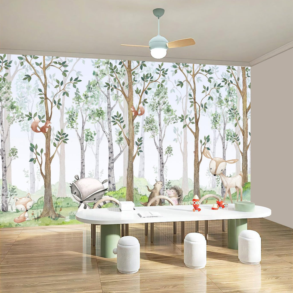 Nursery Animals Forest Wallpaper Mural for Kids Room Bedroom | 149"x96" Not Peel and Stick