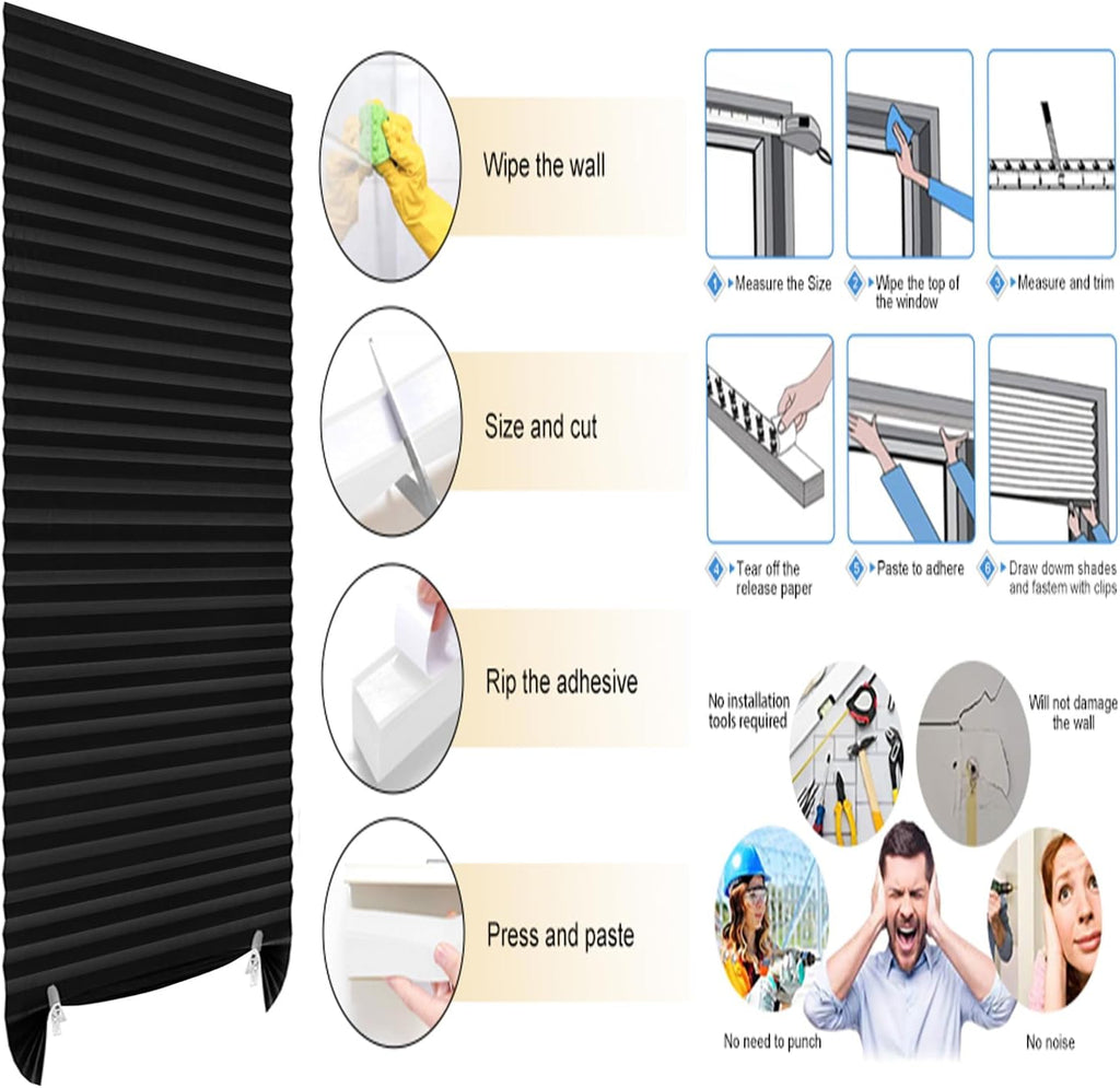 Blackout Blinds for Indoor Windows Cordless No Drill Easy Install Cut Size Pleated Paper Blinds Temporary Shades