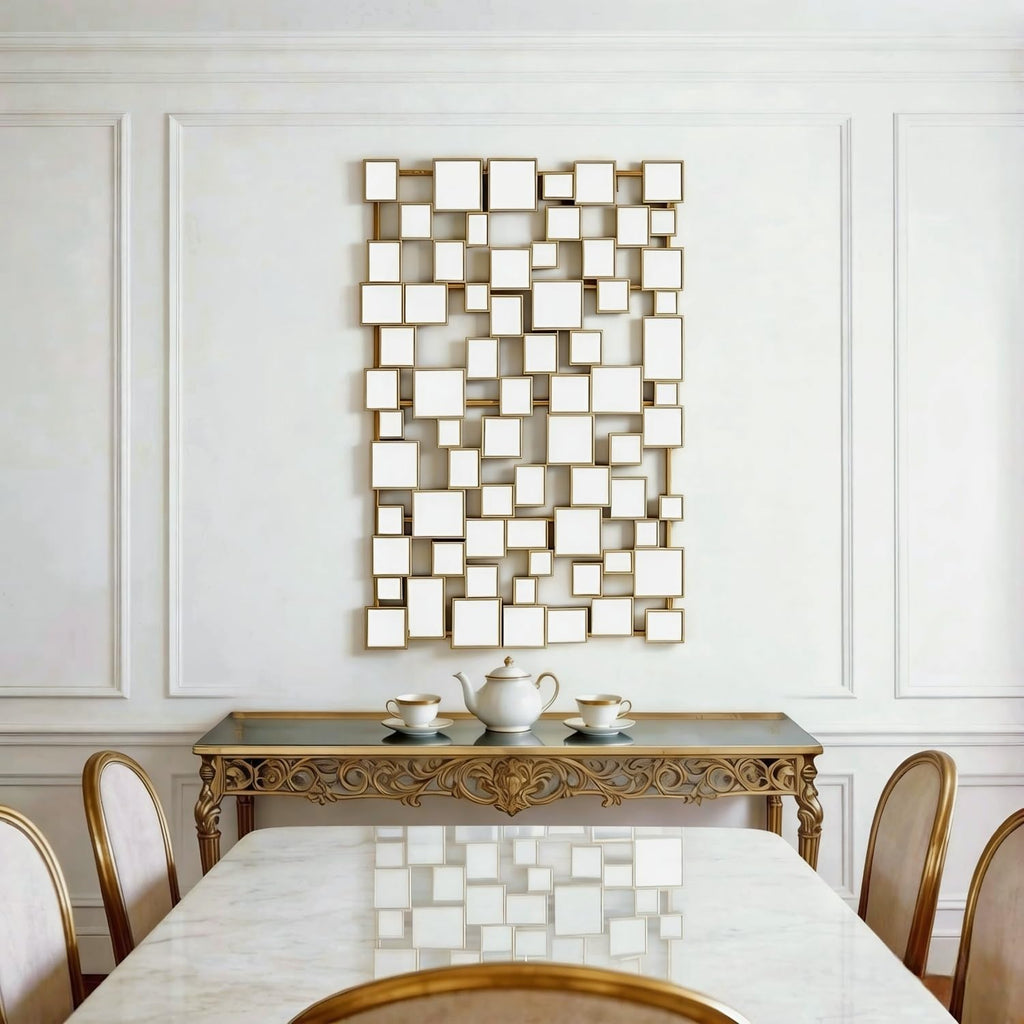 Gold Modern Wall Mirror - 45"×30" Large Metal Framed Decorative Mirror, Unique Mosaic Design Wall Mirrors Entryway
