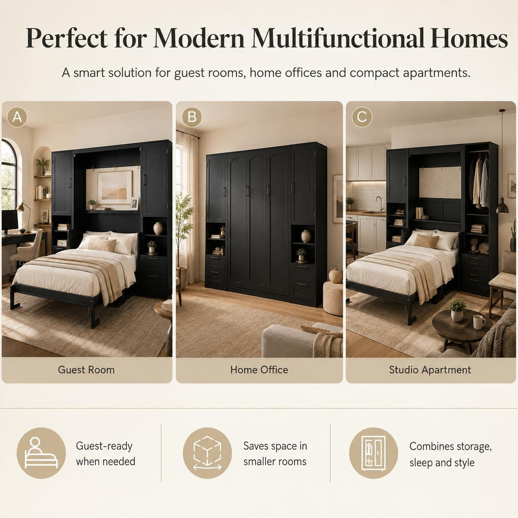 Queen Murphy Bed Cabinet with Desk & Storage, Wall Bed Cabinet Bed with Closet, Drawers and Shelves, Hidden Folding