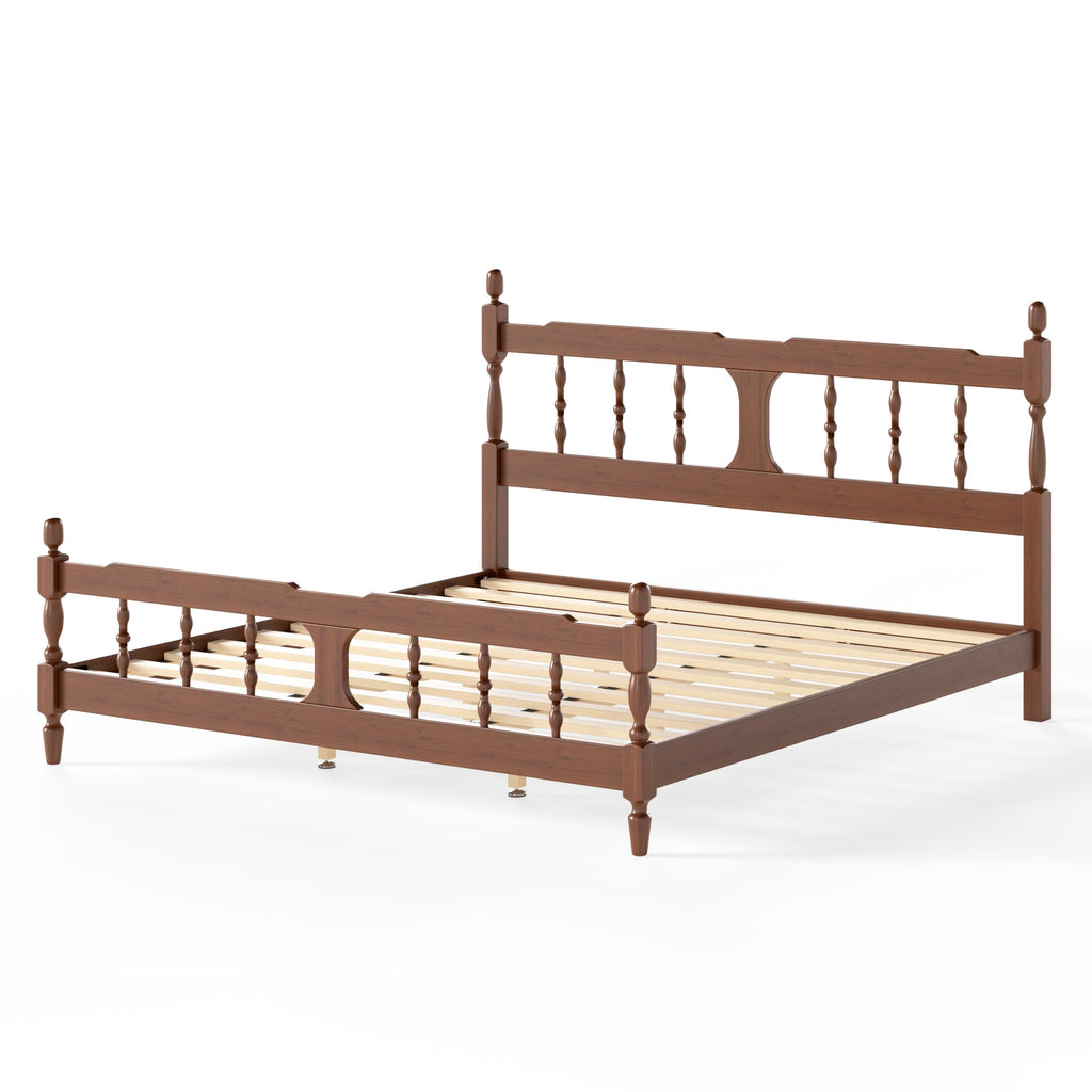 King Vintage Wood Spindle Post Bed, Bamboo Platform Bed, Brown