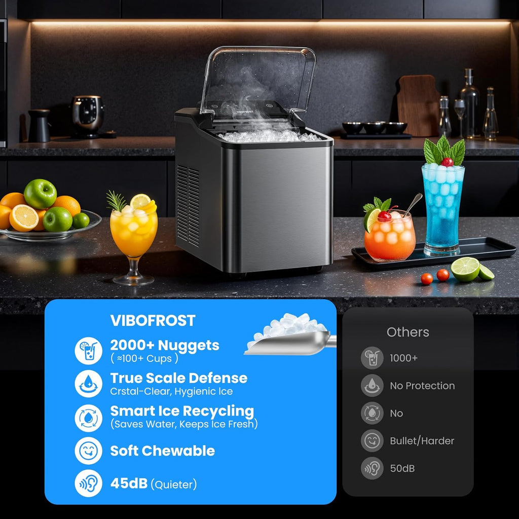 Nugget Ice Maker Countertop, Fast 35lbs/24H Sonic Pebble Ice Machine, Self-Cleaning Anti-Scale System, Stainless