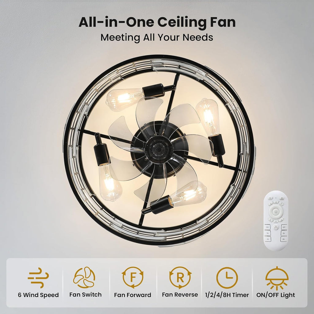 Crystal Caged Ceiling Fan with Light, 18.9'' Flush Mount Low Profile Fandelier, Black Industrial Farmhouse
