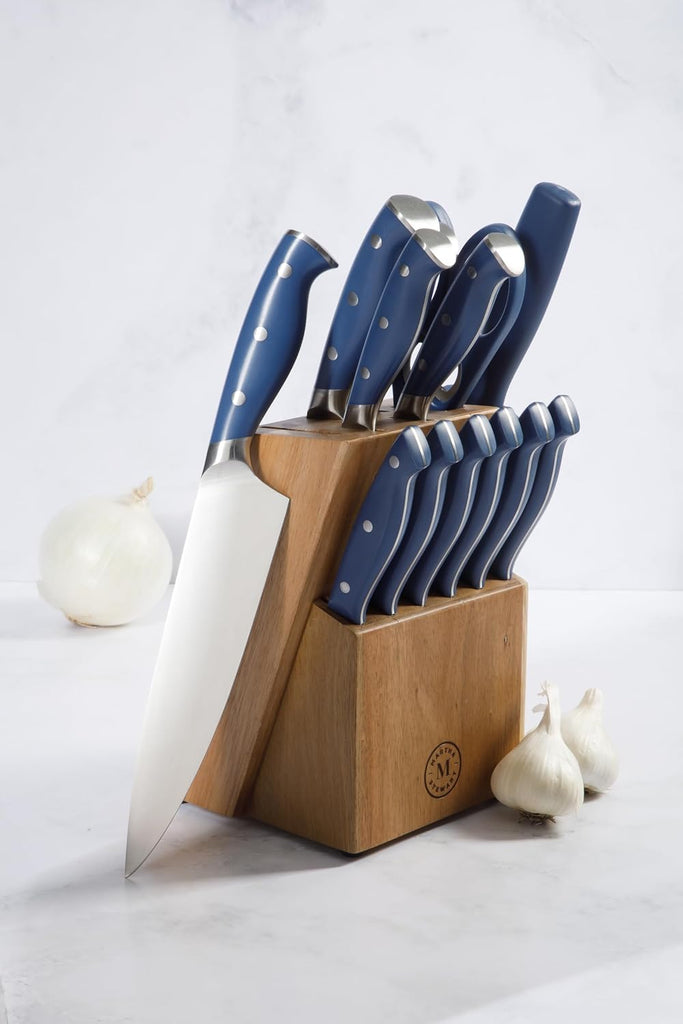 Greeley Forged High Carbon Stainless Steel 14 Piece Knife Block Set, Navy Blue Kitchen Knife Set with Acacia Wood
