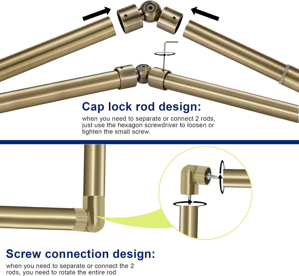Antique Bronze Corner Window Curtain Rods with Aluminum End Cap Finials and Brackets, 1 Inch Diameter Bay Window