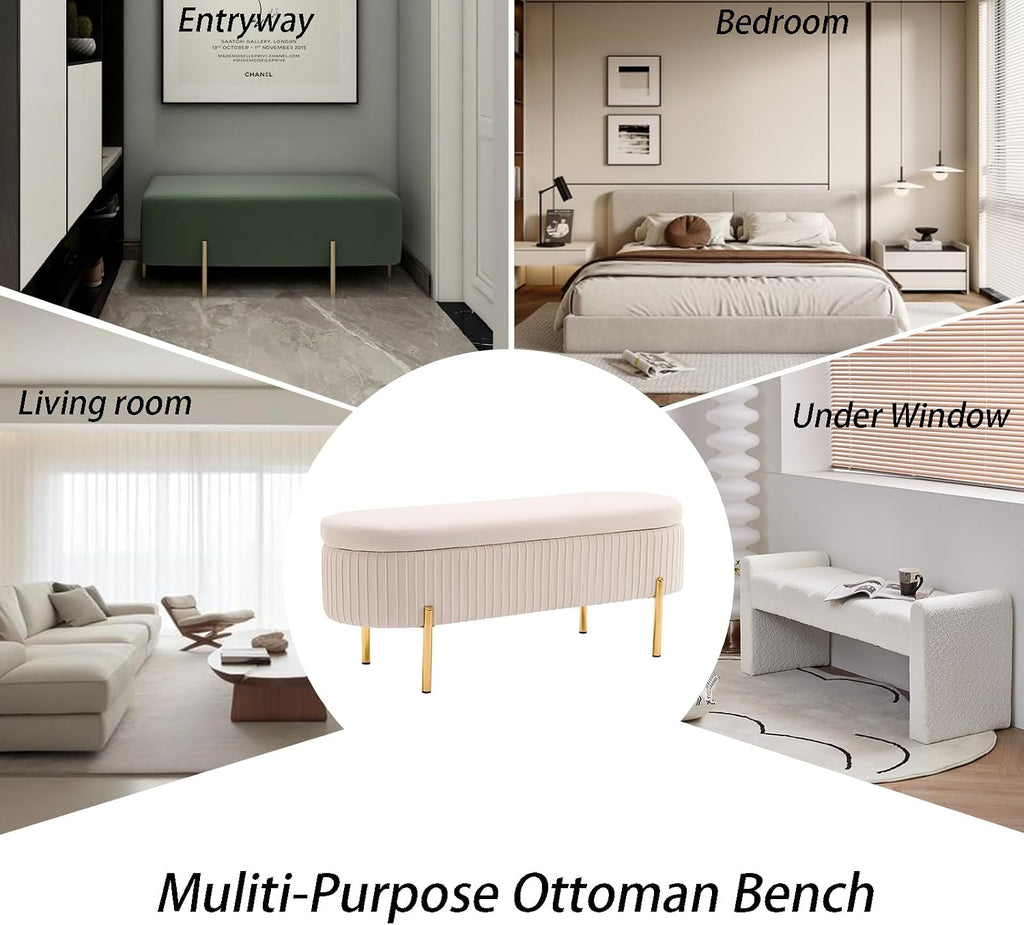 45.5" Ivory White Storage Bench with Gold Legs , Velvet | Upholstered, /Living Room/Window/Entryway, End of Bed