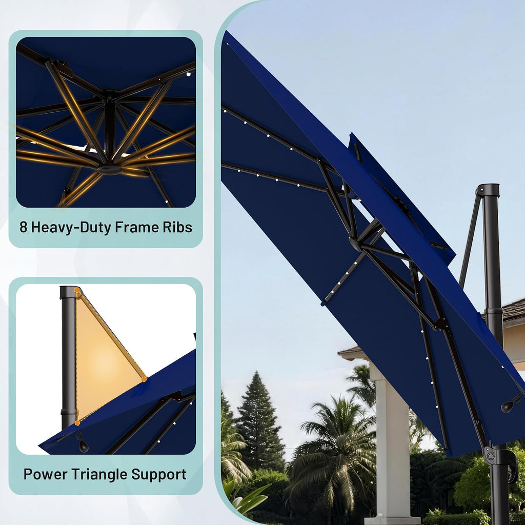 11×11FT Solar LED Cantilever Umbrella, Double-Top Outdoor Patio Offset with 360 Degree Rotation