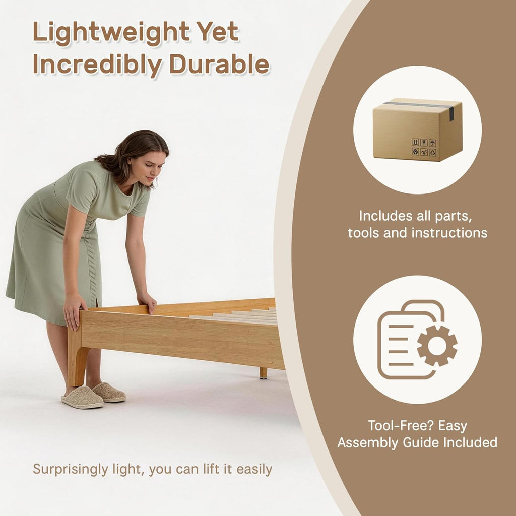 Queen Bed Frame with Headboard, Solid Bamboo Platform Bed Frame & Wood Slats Support 800LBS, Japanese Bed Frame