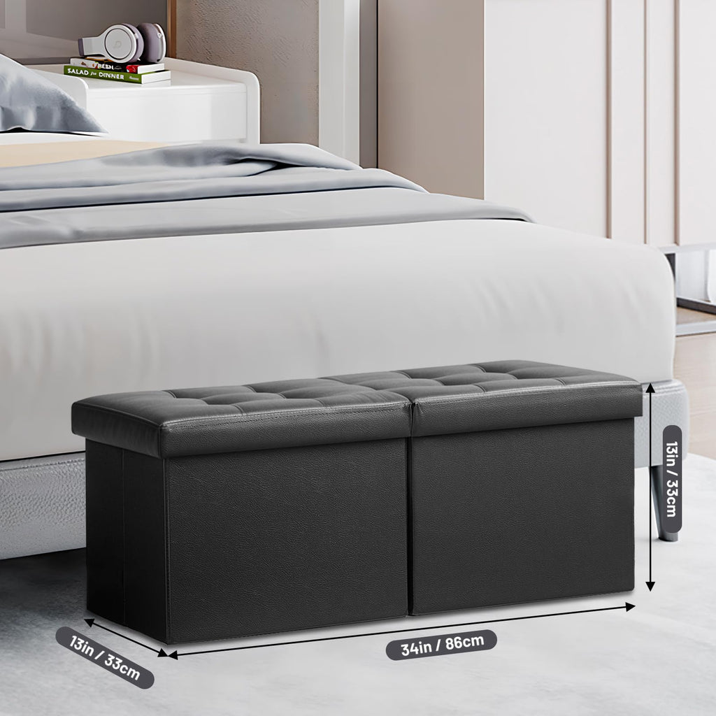 Footrest Ottoman Storage Bench, 34" Leather Folding Chest, Black