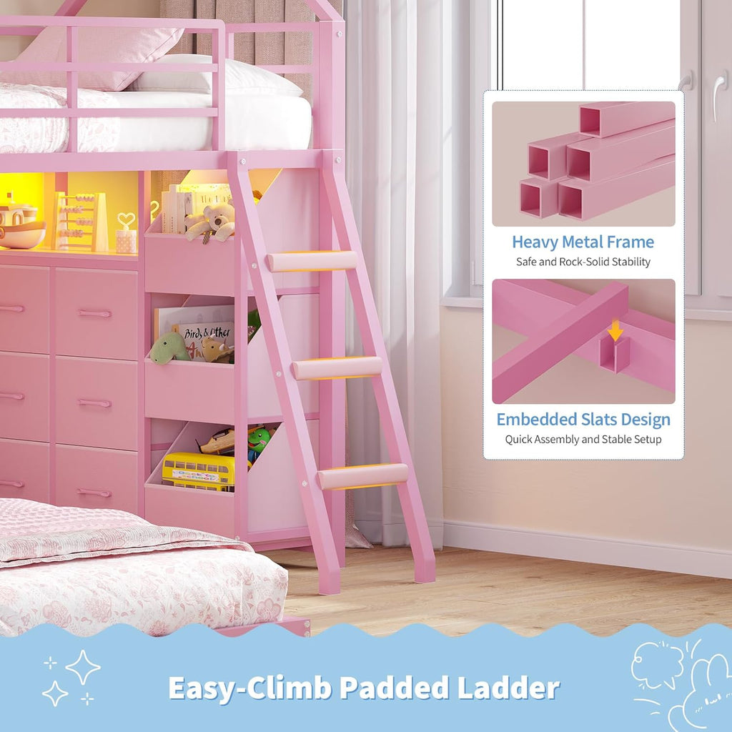 Bunk Bed Twin Over Twin with 6 Storage Drawers and 3 Open Bins, House Bunk Bed with LED Lights
