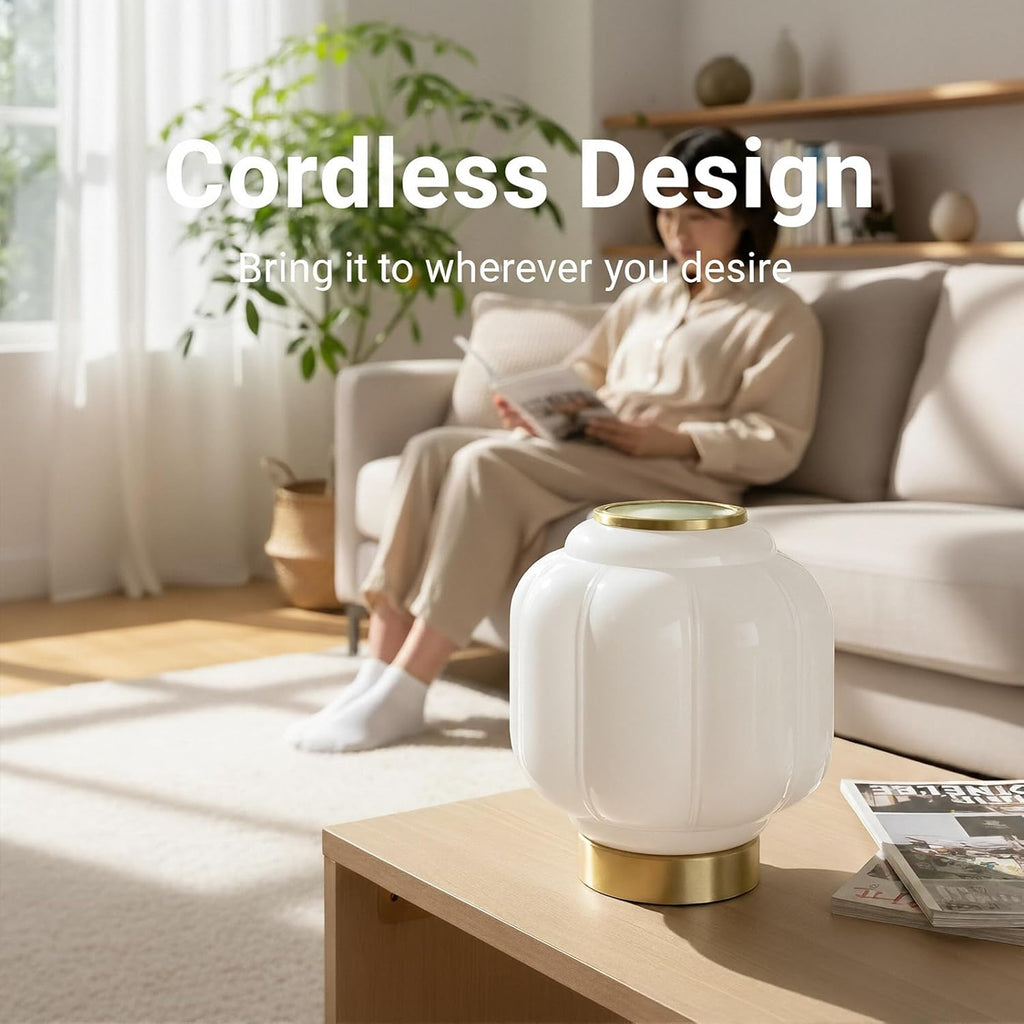 Mushroom Lamp, Cordless Rechargeable Table Lamp with Brass Base & White Glass Shade, 4W Dimmable Bedside Table Lamp