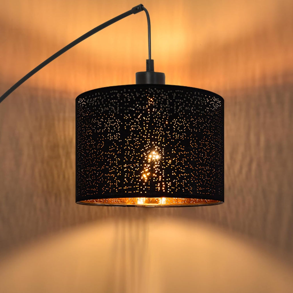 Dimmable Floor Lamp-3 Lights Arc Floor Lamps,Modern Tall Standing Lamp With Black Drum Hollow-carved Linen Shades