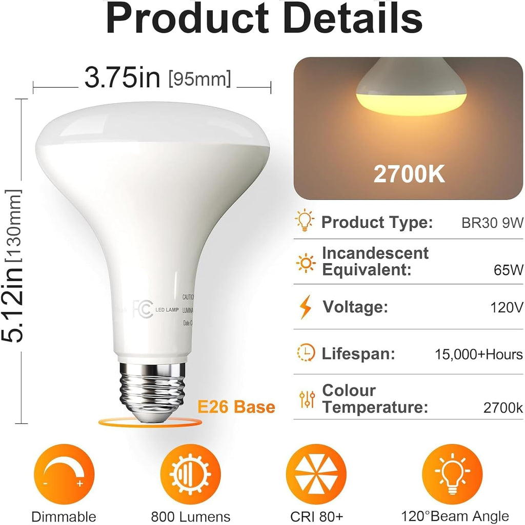 12 Pack BR30 Flood Light Bulb Indoor, 65W Equivalent Dimmable Led Recessed Lights Bulb, 2700K Soft Warm White, E26