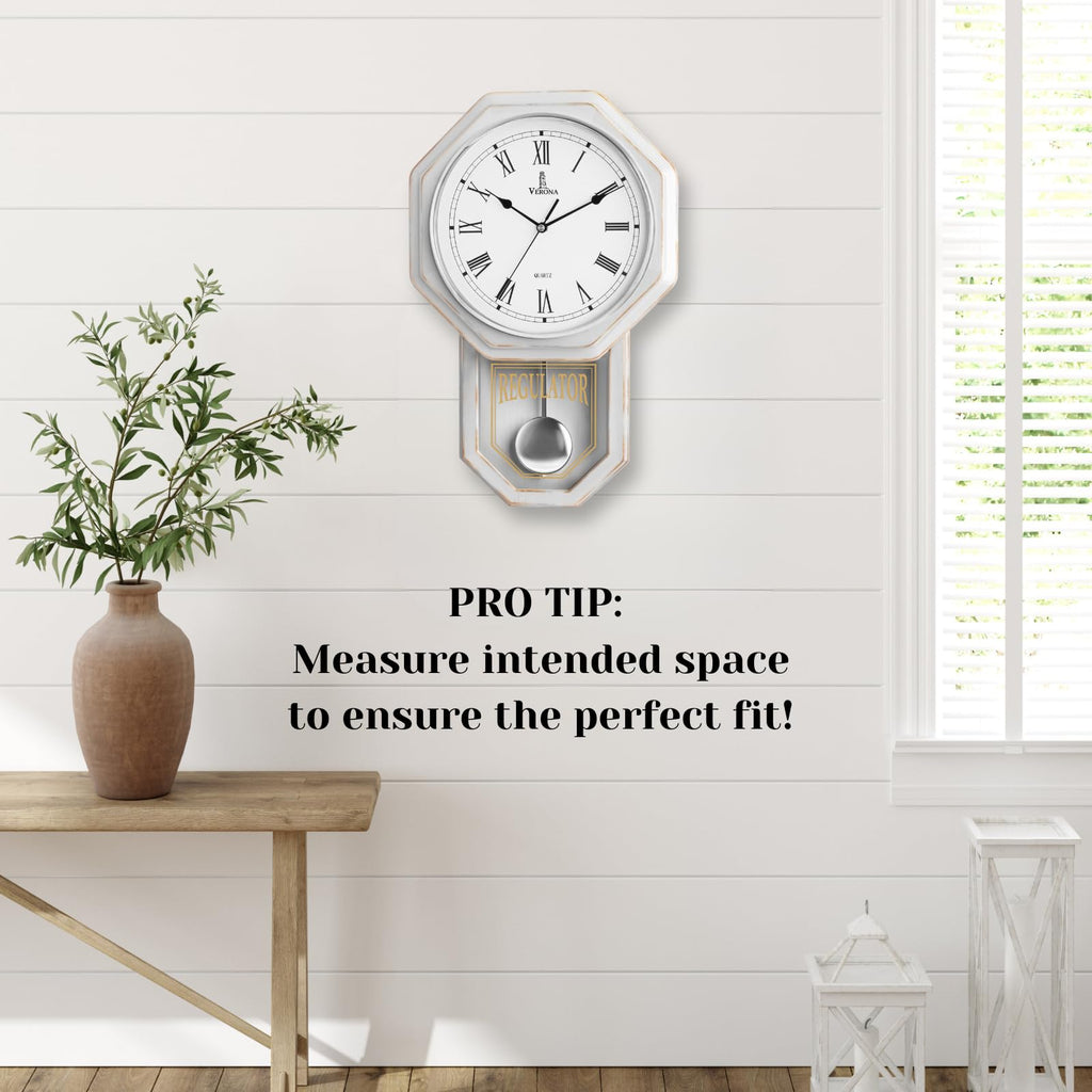 Pendulum Wall Clock, Real Wood Regulator Clock, White, Quiet Non-Chiming