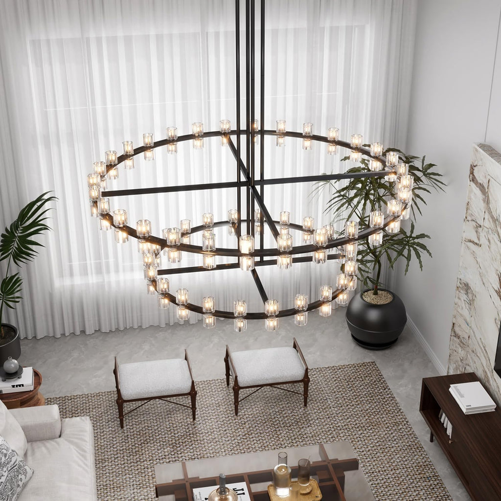 Inspired Arcachon Style 2-Tier Round Wagon Wheel Chandelier, 48" + 59" 108-Light Black — Foyer, Great Room & Dining