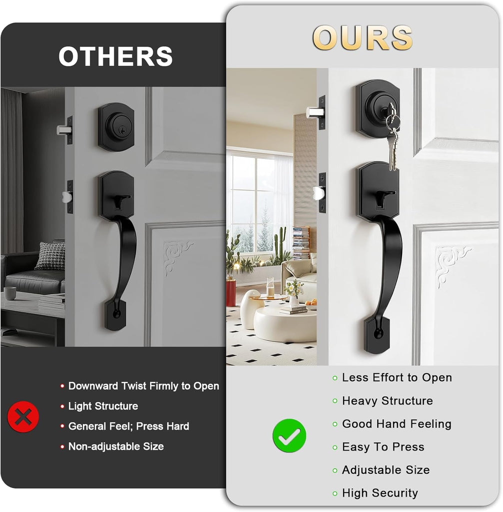 Front Door Lock Set Matte Black Exterior Door Handle, Deadbolt Lock with Interior Door Knob for Entry Doors