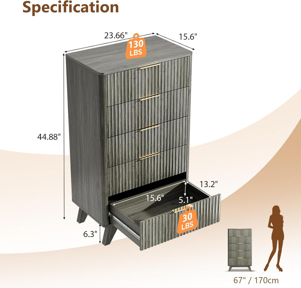 Fluted Tall Dresser 5 Drawer, 23.66" W Chest of Drawers Gray Wood Dresser with Rounded Edges, Grey Dressers , 23.66"
