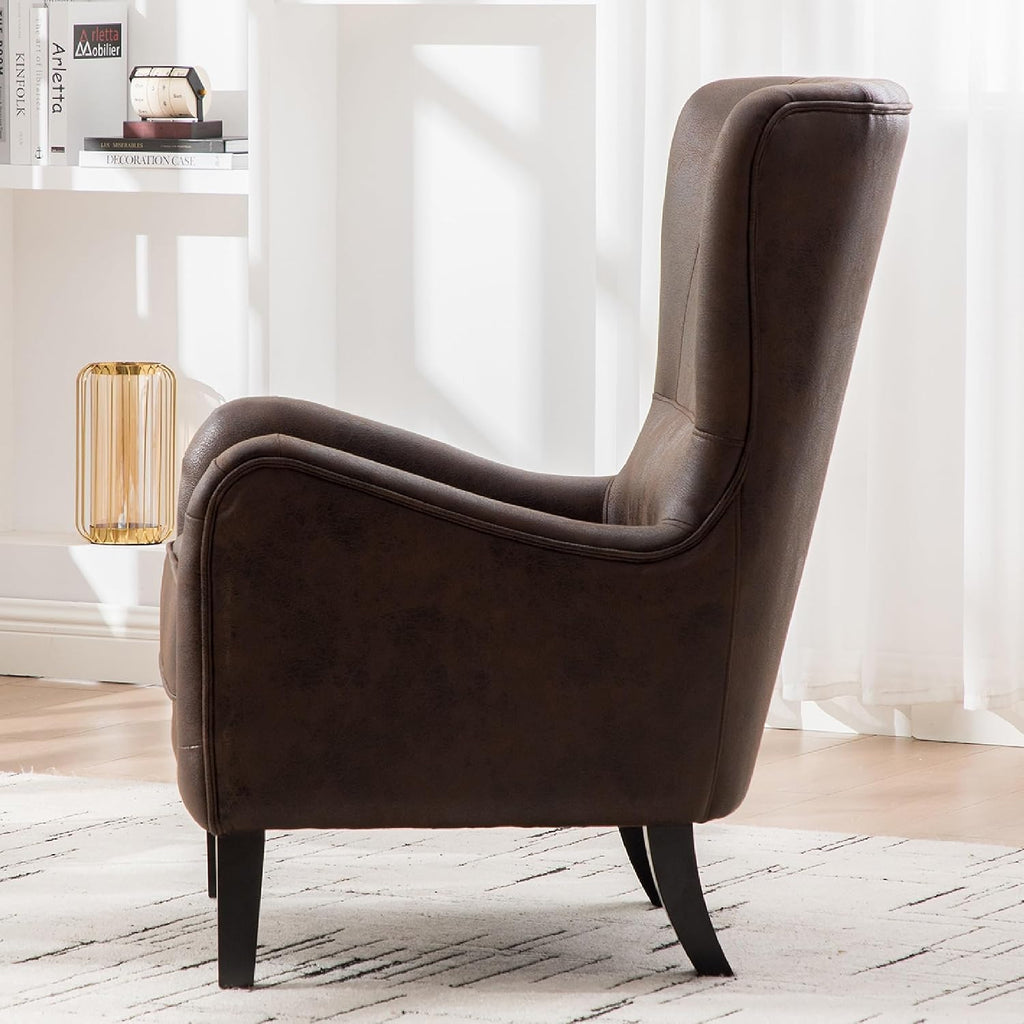 PU High Back Accent Chair Oversized, Retro Wingback Reading Armchair with Solid Wood Legs, Mid-Century Comfy Arm
