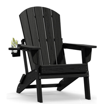 HDPE Folding Adirondack Chair Set of 3 with Cup Holder, Black