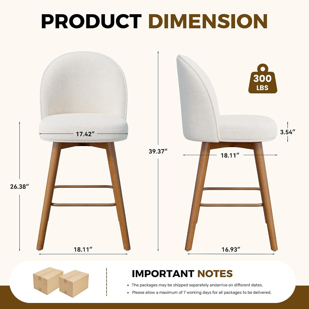 Modern Swivel Bar Stools Set of 3, Chic Upholstered Counter Height（26IN） Bar Chair with Back, Solid Wood Legs