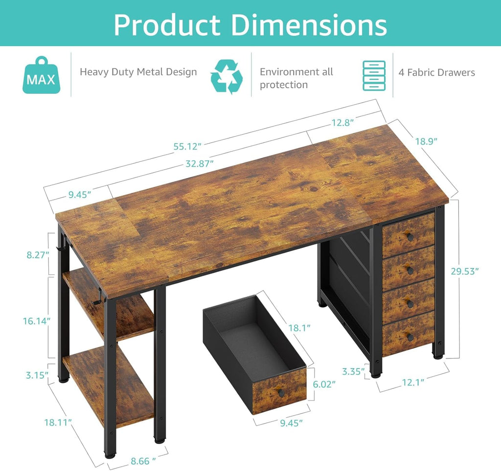 55 inch Computer Desk with 4 Fabric Drawers & Storage Shelves, Writing Work Study Desk Bedroom