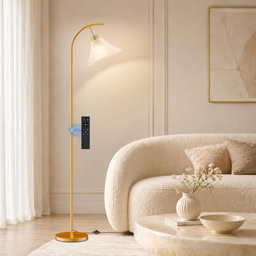 Glass Floor Lamp, Dimmable Gold Standing Lamp with Remote & Foot Switch, Ribbed Frosted Glass Shade