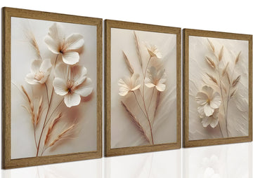 Neutral Beige Floral Canvas Wall Art Set of 3 Beige Botanical Paintings Pictures Minimalist Flower Prints Artwork