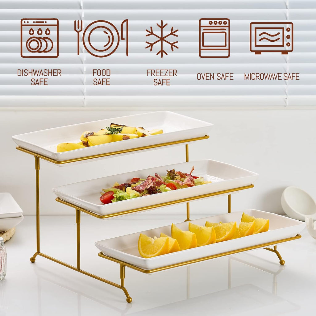 3 Tier Serving Bowls Set Tiered Serving Stand, Porcelain Oval Bowls with Collapsible Metal Stand for Entertaining