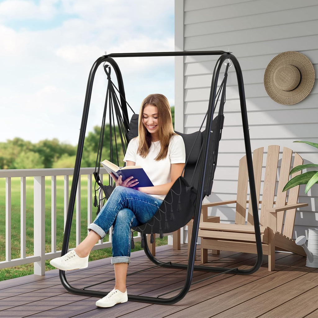 Hammock Chair with Stand, Heavy Duty A-Frame | Beam Design, Square Support Base, Rustproof Swing Stand with Chiar for