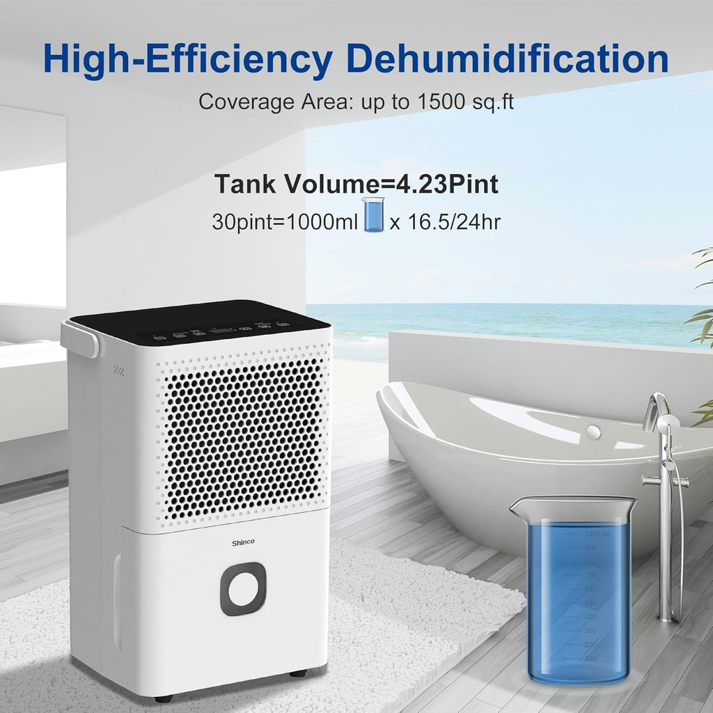 30 Pints Dehumidifier for Home and Basements, 1500 Sq.Ft Dehumidifiers with Drain Hose, Auto or Manual Drainage