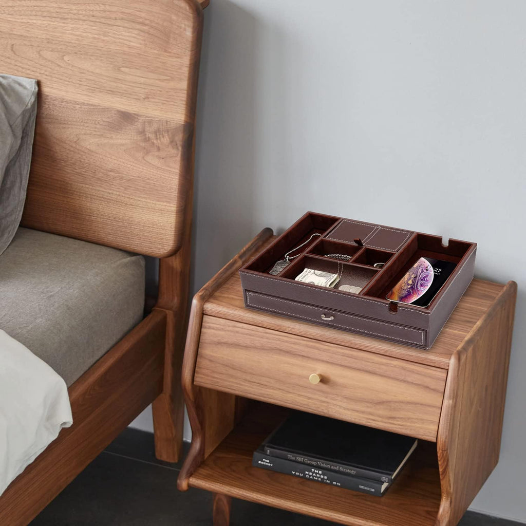 Valet Tray for Men, 2 Layers Nightstand Organizers for Men and Women, Leather Jewelry Storage Box, Mens Dresser Top