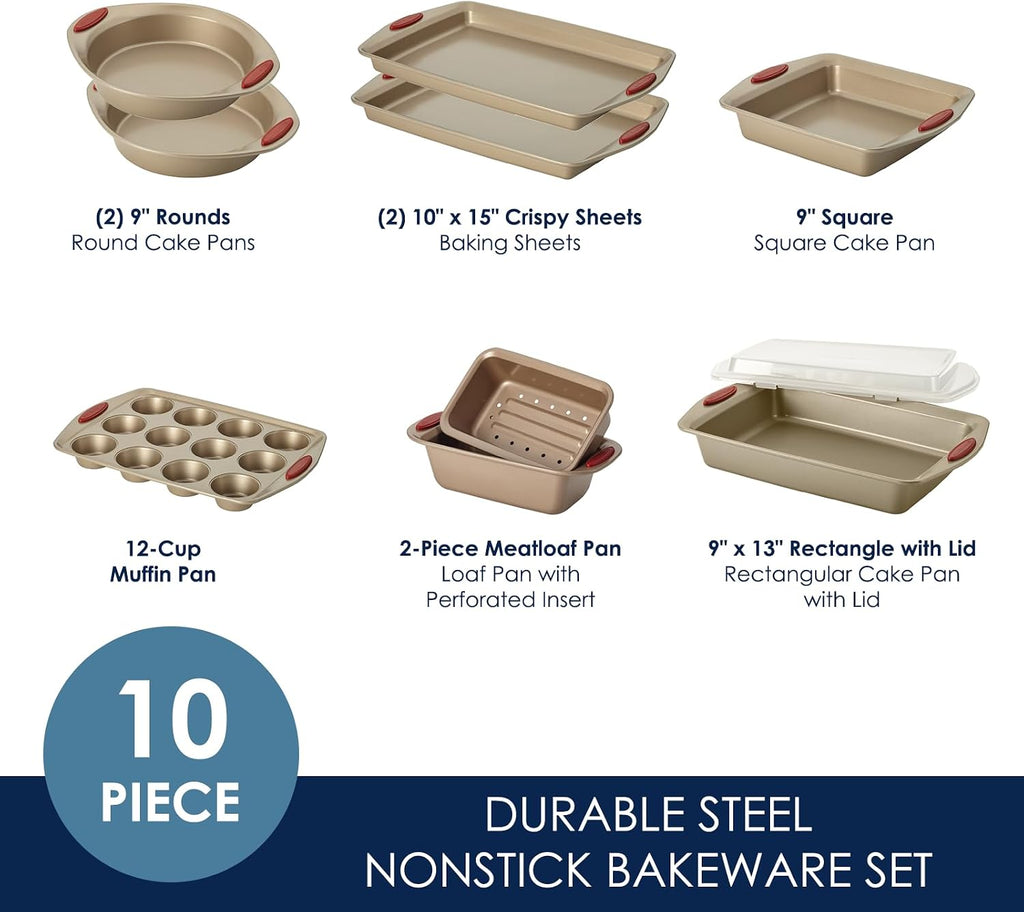 Cucina Nonstick Bakeware Pans Set, Latte Brown and Cranberry Red, Dishes, 10-Piece
